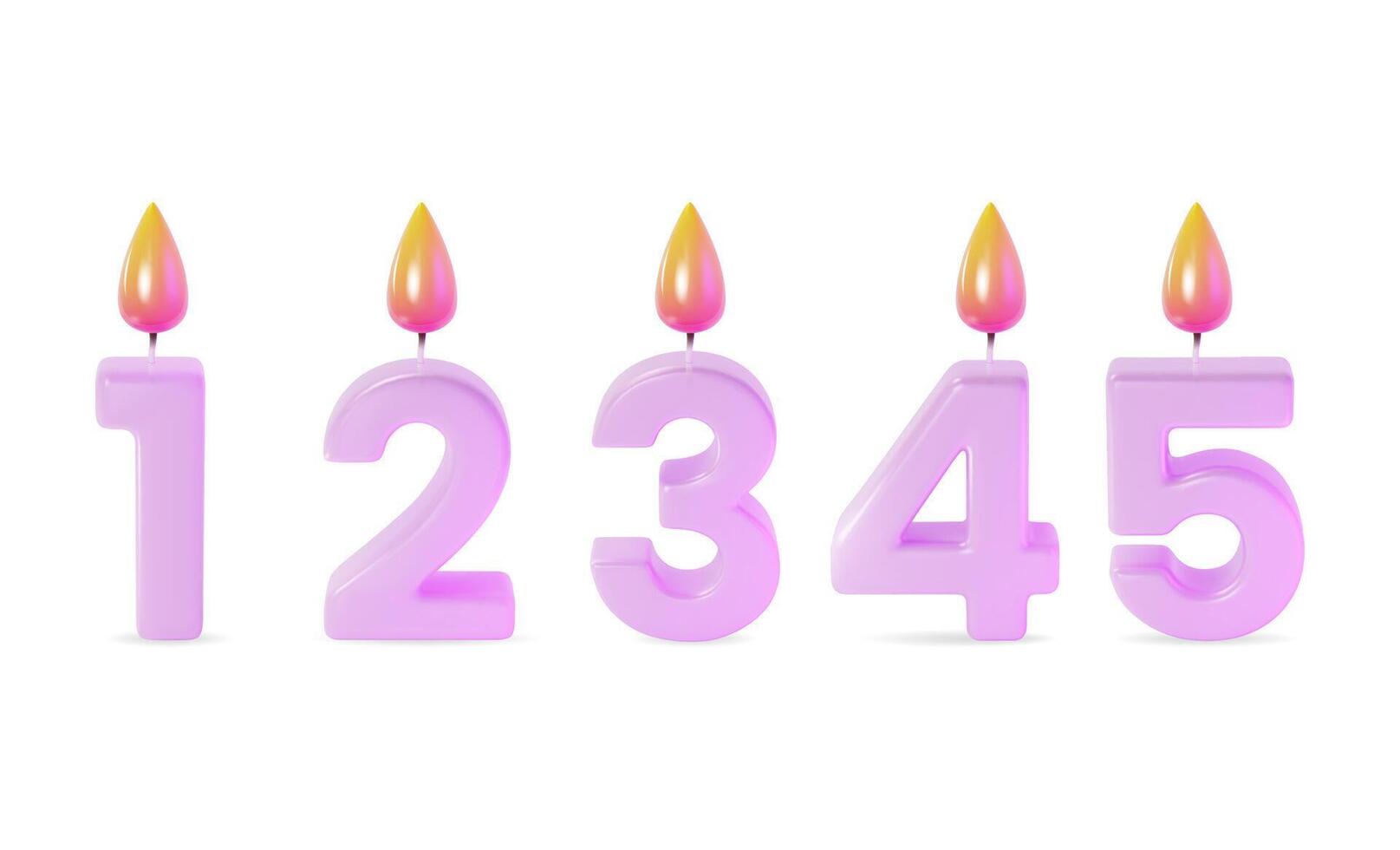 3d Birthday Cake Candle Numbers Set Cartoon Style. Vector