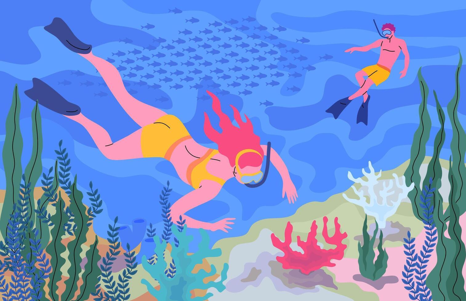 Cartoon Color Characters Man and Woman in Diving Masks Swimming in Sea or Ocean Concept. Vector