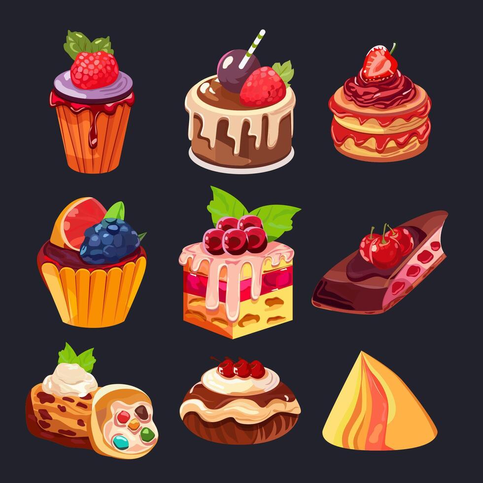 Cartoon Color Different Cakes Sweets Desserts Icon Set. Vector