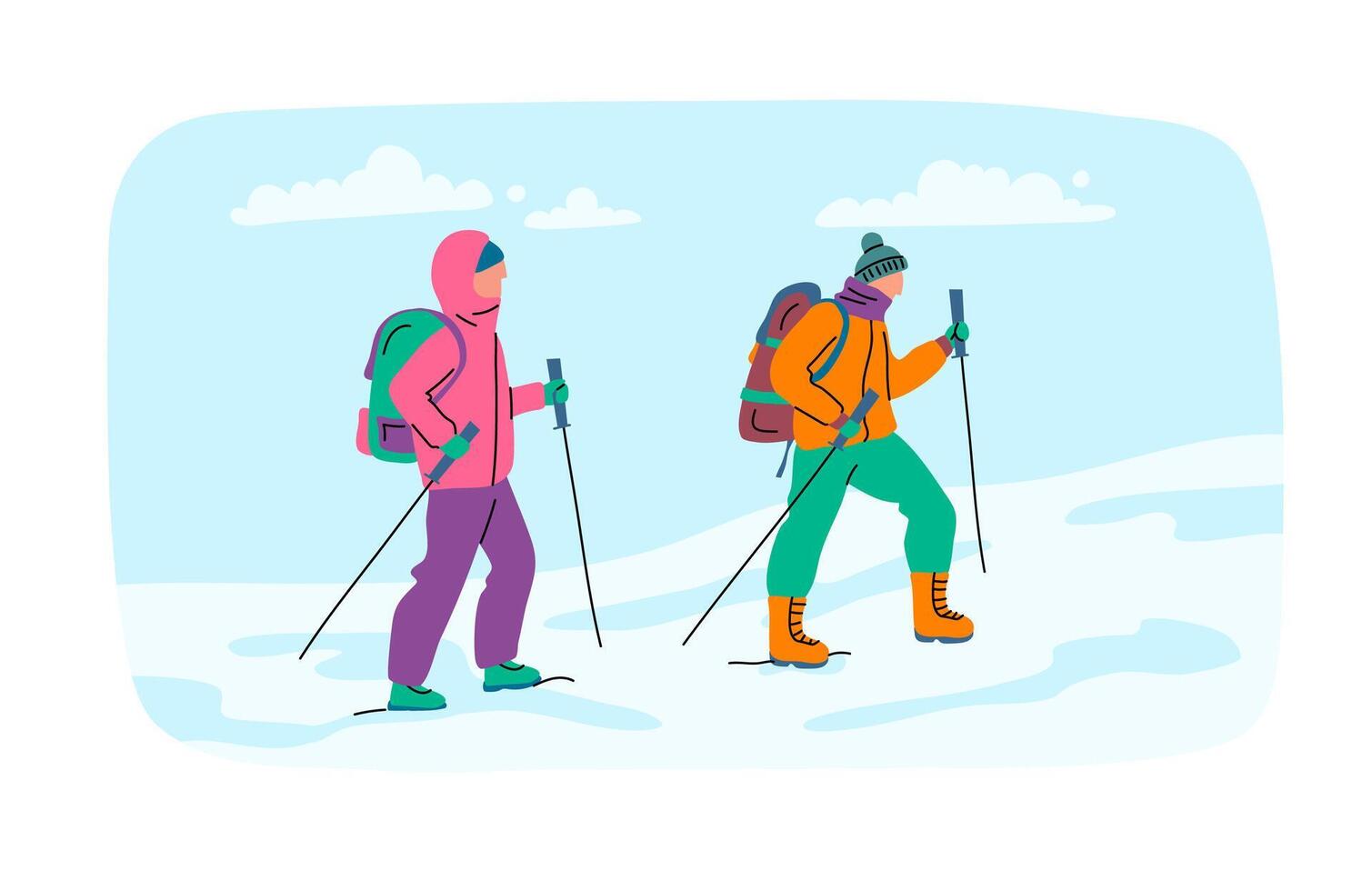 Cartoon Color Characters People and Winter Hiking Concept. Vector