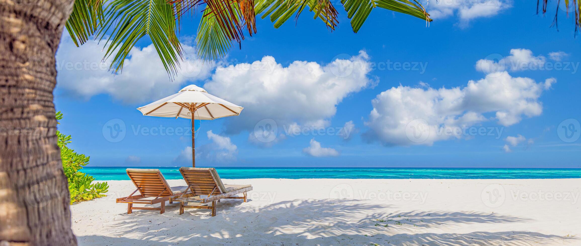 hermosa pancarta de playa tropical. arena blanca cocoteros viajes turismo amplio panorama. horizonte marino de verano, idílica escena natural de la isla. increíble paisaje de playa. vacaciones o vacaciones en un resort isleño de lujo foto