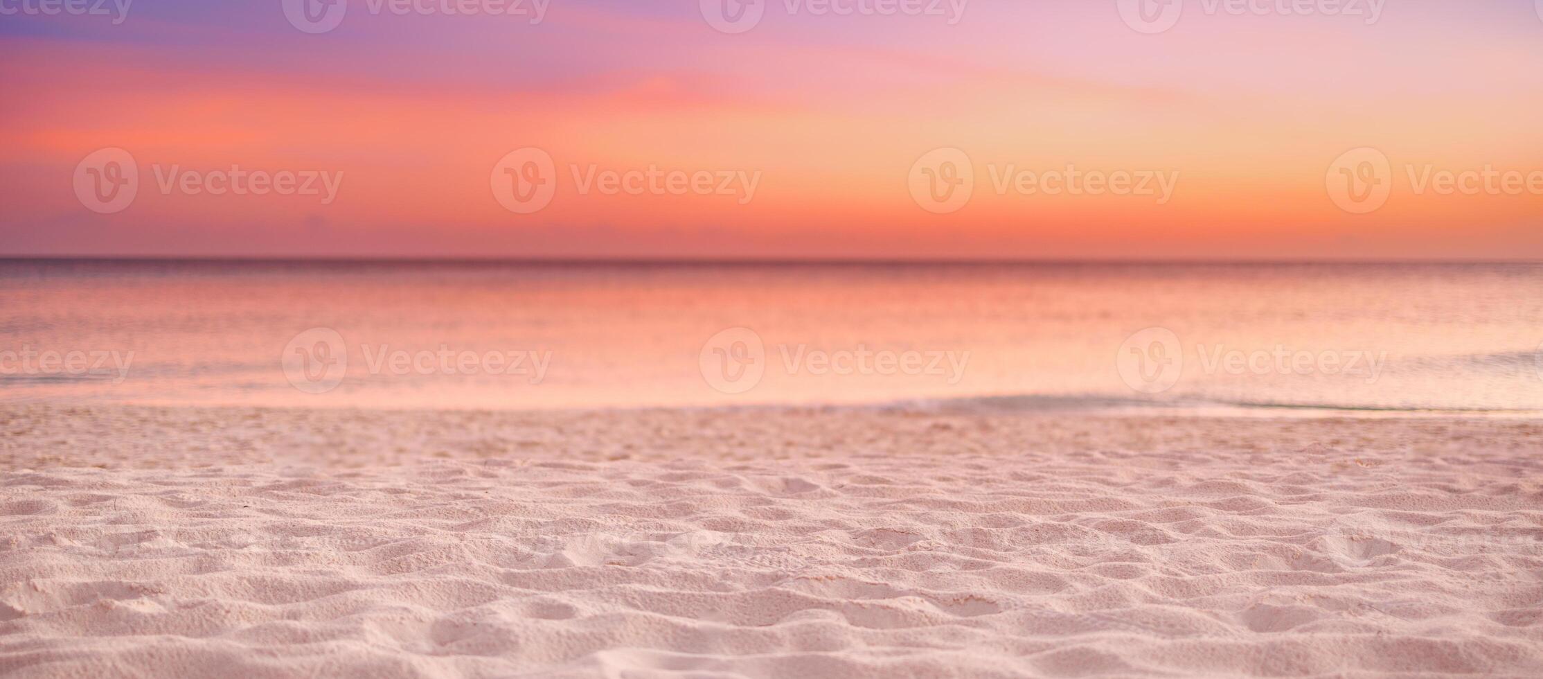 Closeup sea sand beach. Panoramic beach landscape. Inspire calm tropical seascape horizon. Colorful sunset sky clouds tranquil relax sunlight summer sunrise mood. Vacation travel holiday destination photo