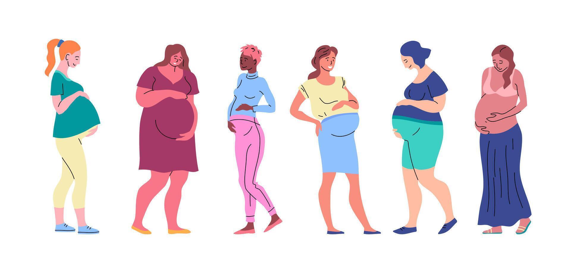 Cartoon Characters Pregnant Women Set. Vector