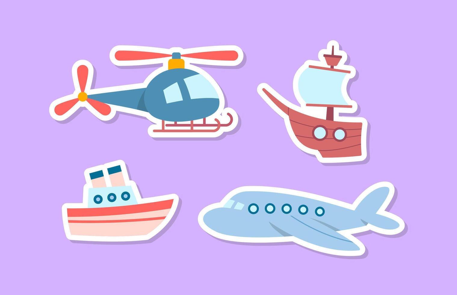 Cartoon Color Kids Toy Transport Sticker Set. Vector