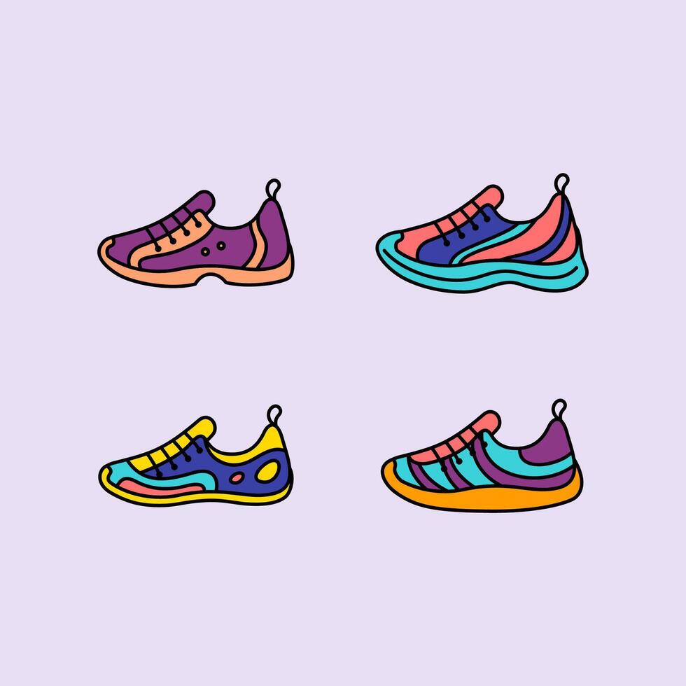 Different Sneaker Shoes Color Thin Line Icons Set. Vector