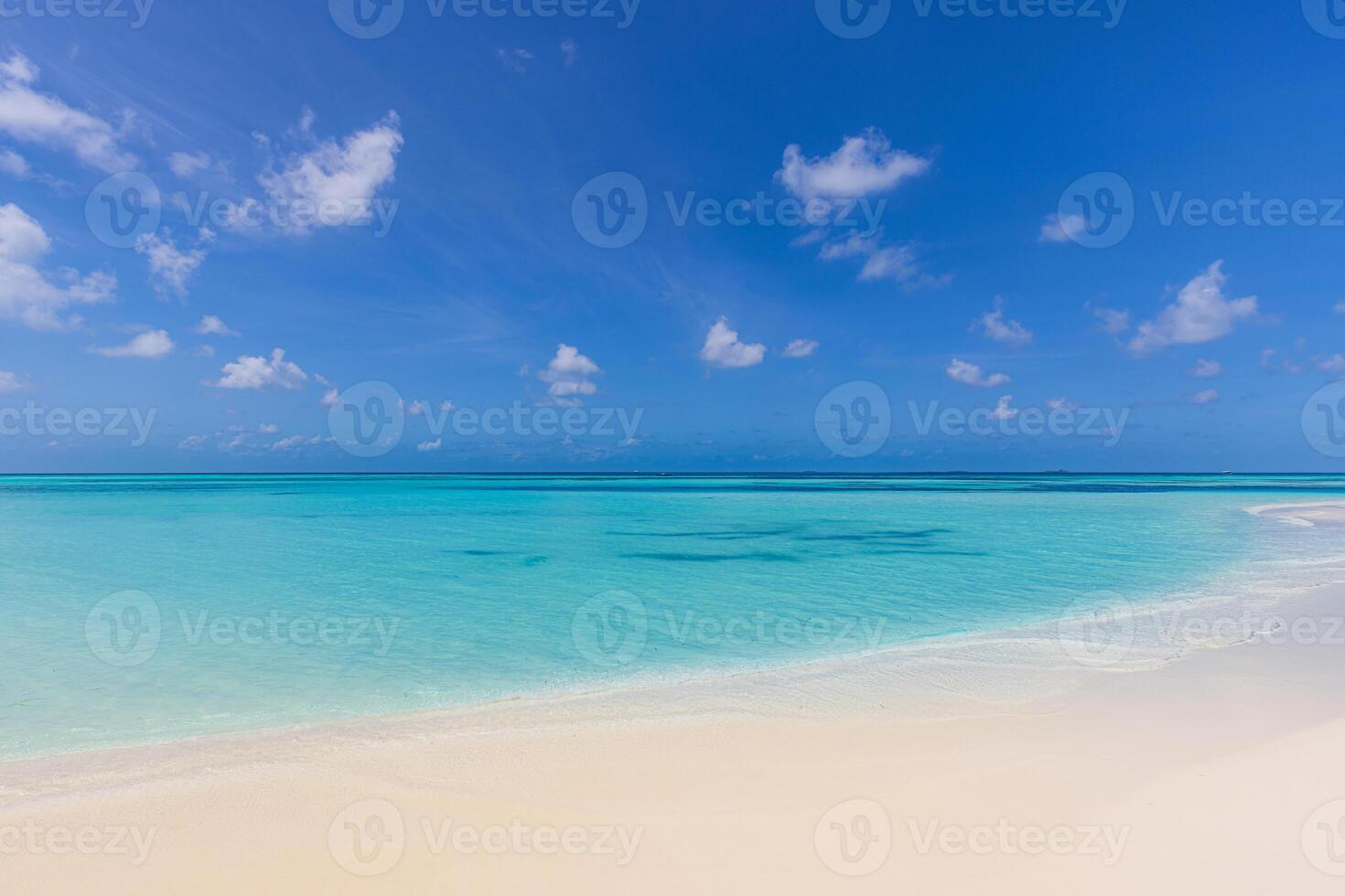 Tranquil seascape. Relaxing sunny beach empty summer vacation holiday banner. Waves surf with amazing blue ocean lagoon, sea shore, coastline. Beautiful bright beach, seaside copy space text ready photo