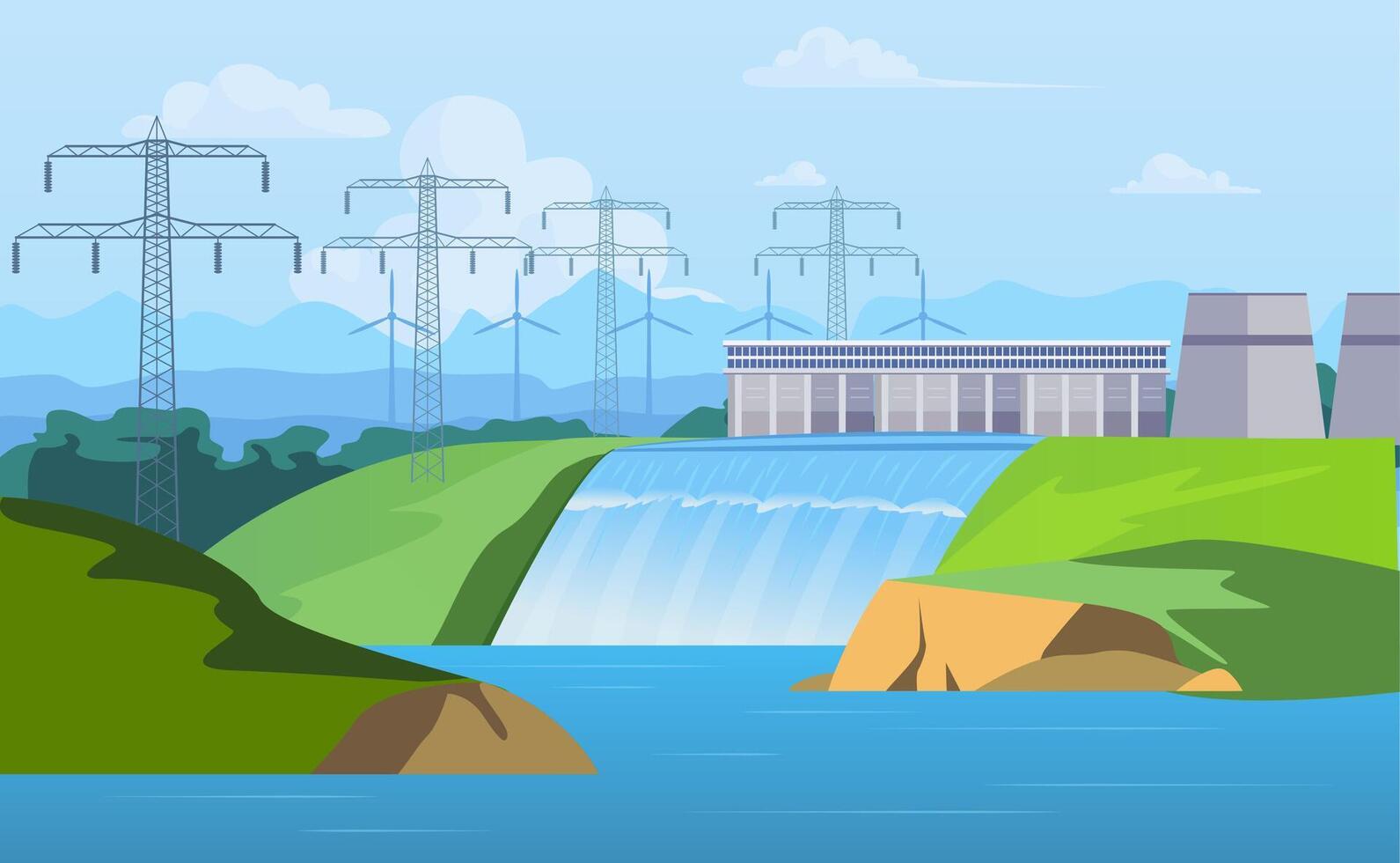 Cartoon Color Hydropower Station Generator Landscape Scene Concept. Vector