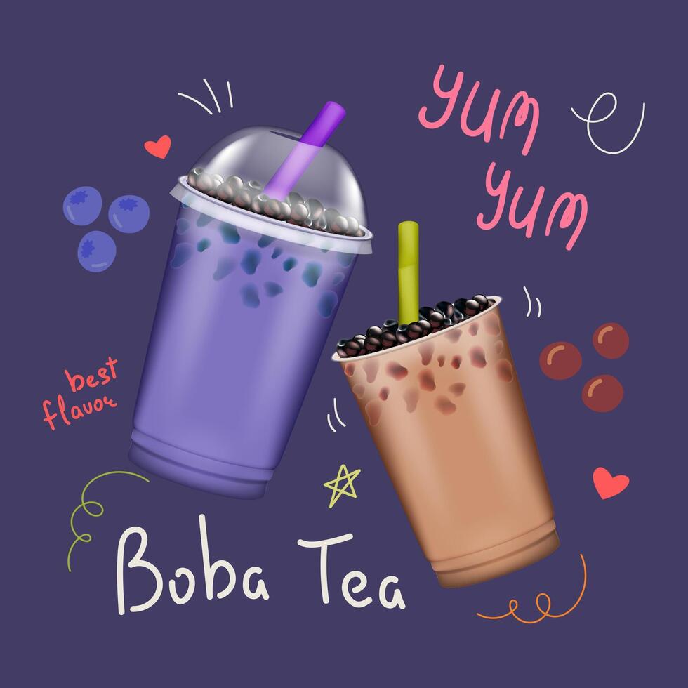 Realistic Detailed 3d Bubble Milk Tea Set. Vector