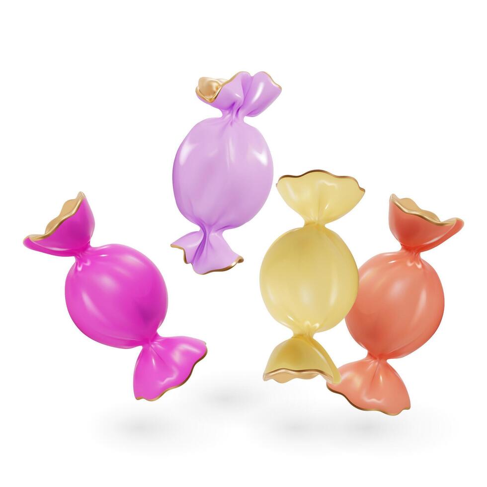 3d Candy in Wrapper Set Cartoon Style. Vector