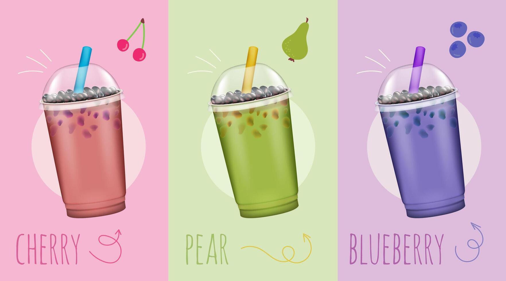 Realistic Detailed 3d Bubble Milk Tea Set. Vector