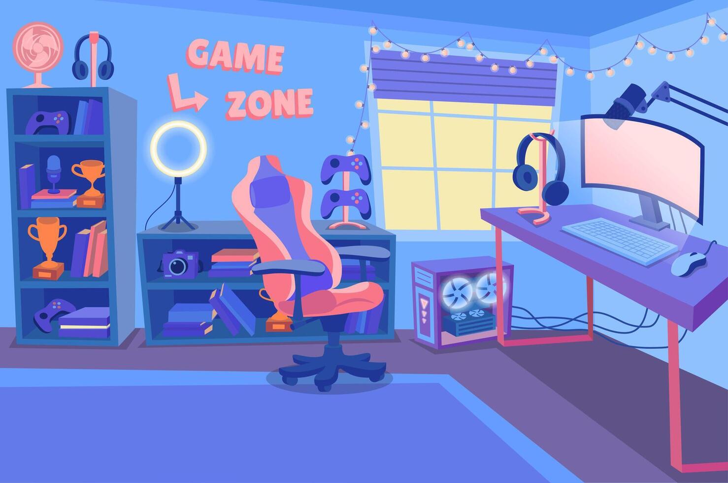 Cartoon Color Gamer Streamer Blogger Room Interior Inside Scene Concept. Vector