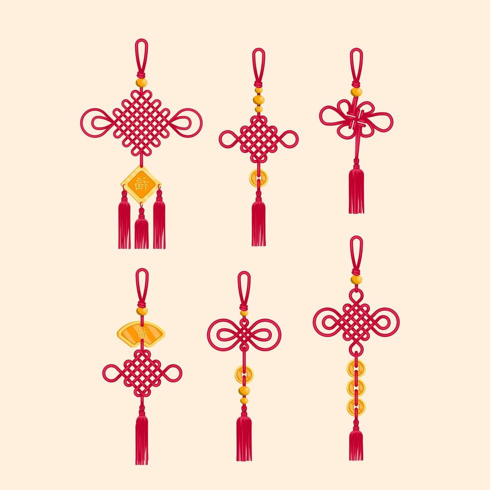 Cartoon Color Hanging Chinese Tassels Traditional Set. Vector