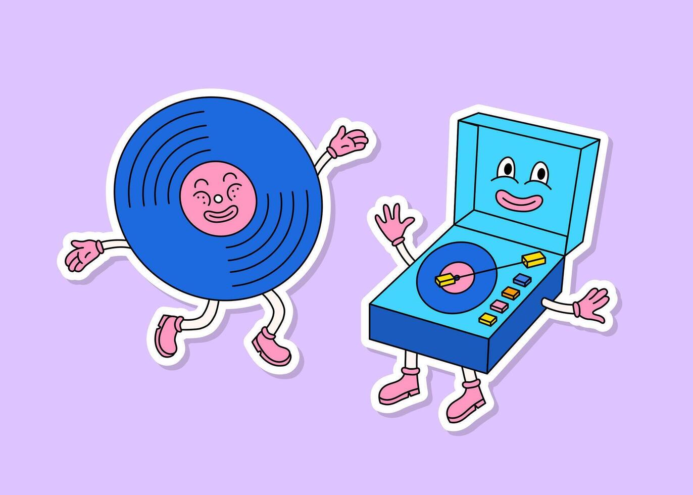 dibujos animados color vinilo y grabar jugador retro música mascotas pegatina colocar. vector