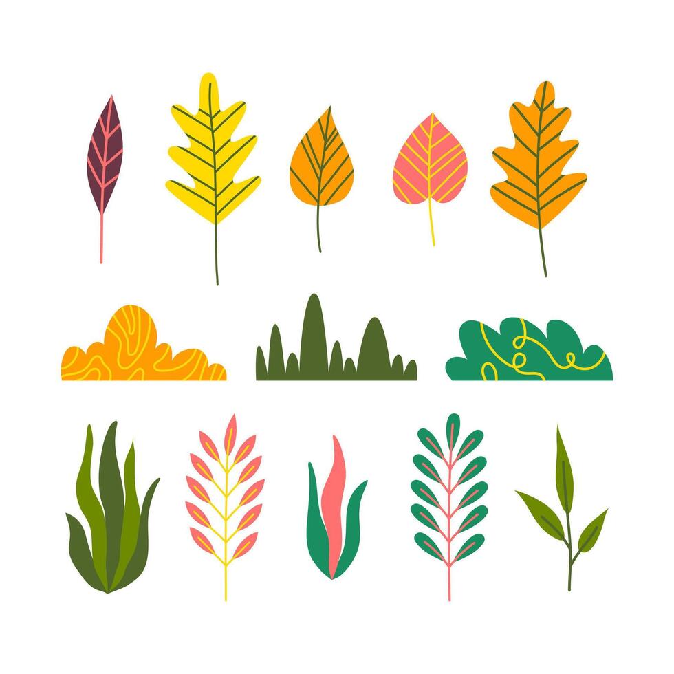 Cartoon Color Autumn Leaves and Bushes Set. Vector