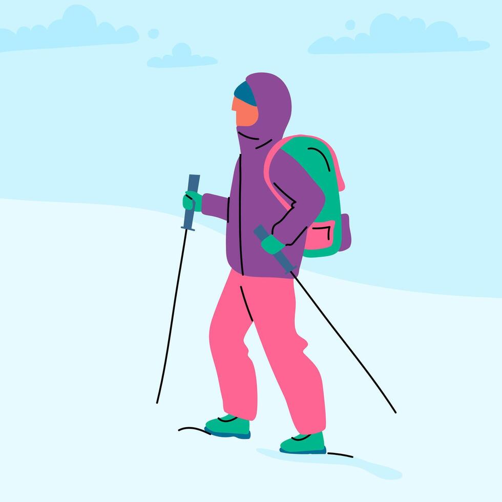 Cartoon Color Character Person Winter Hikes Alone Concept. Vector