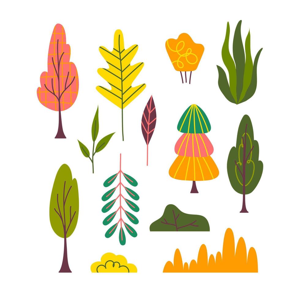 dibujos animados color diferir plantas y arboles íconos colocar. vector