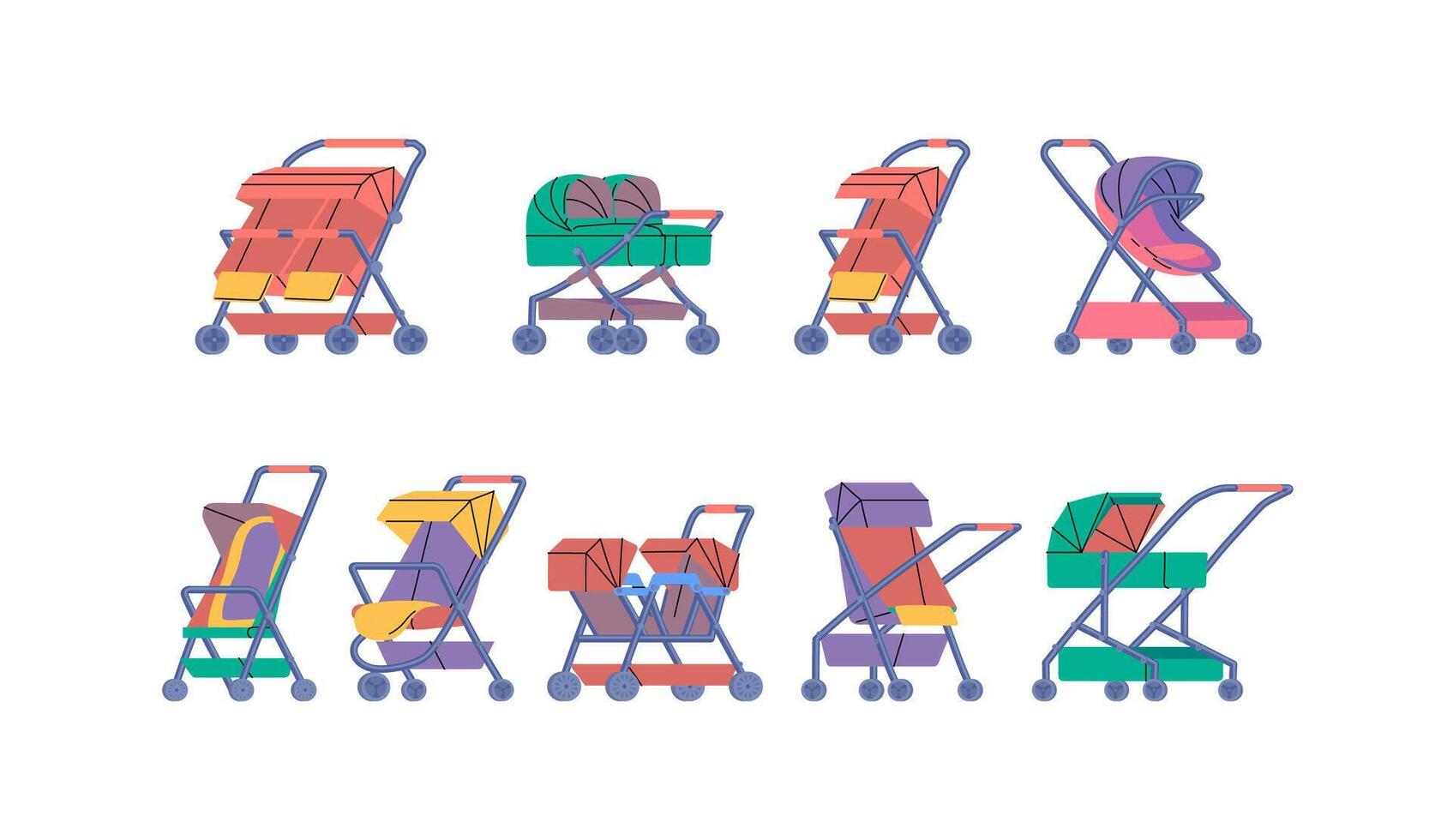 Cartoon Color Baby Strollers Prams Icons Set. Vector