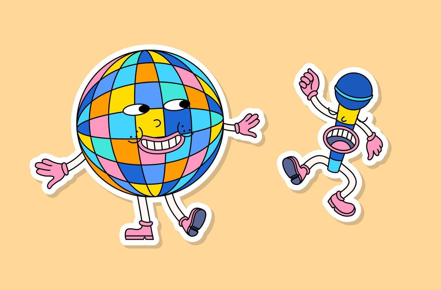 dibujos animados color disco pelota y micrófono retro música mascotas pegatina colocar. vector