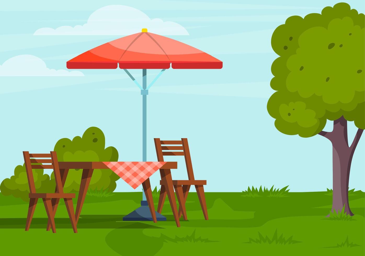 Cartoon Color Furniture for Picnic Concept Summer Landscape. Vector