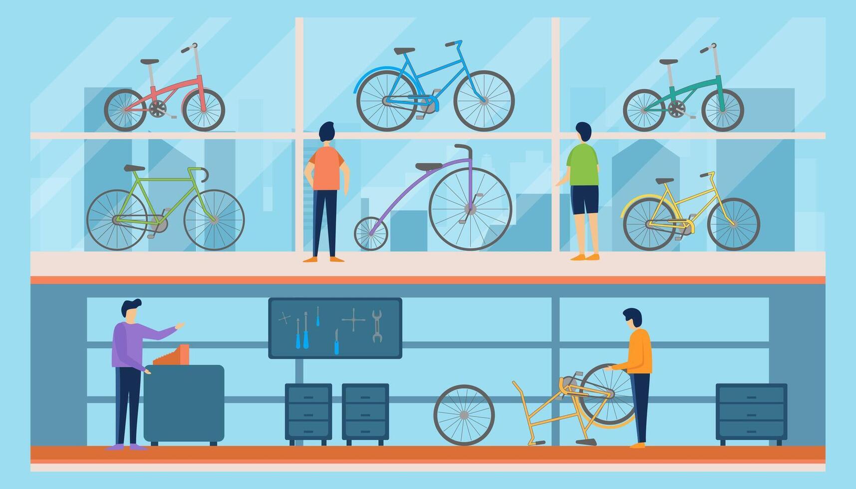 Cartoon Color Bicycle Bike Store Interior Inside Scene Concept. Vector