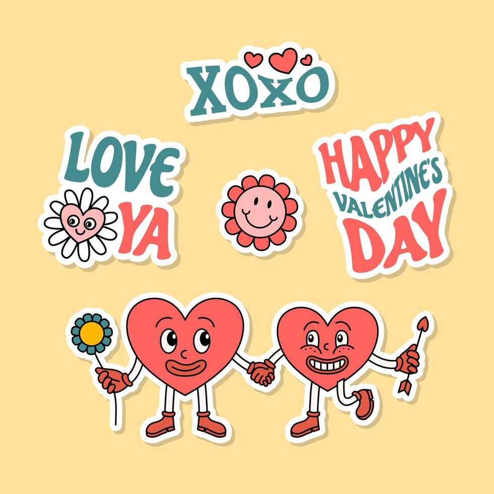 Cartoon Color Groovy Valentine Day Stickers Set. Vector