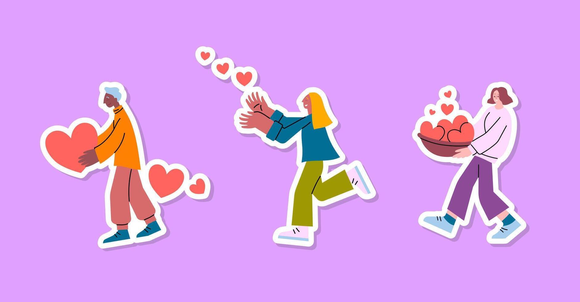 dibujos animados color caracteres personas amor caridad pegatina concepto. vector