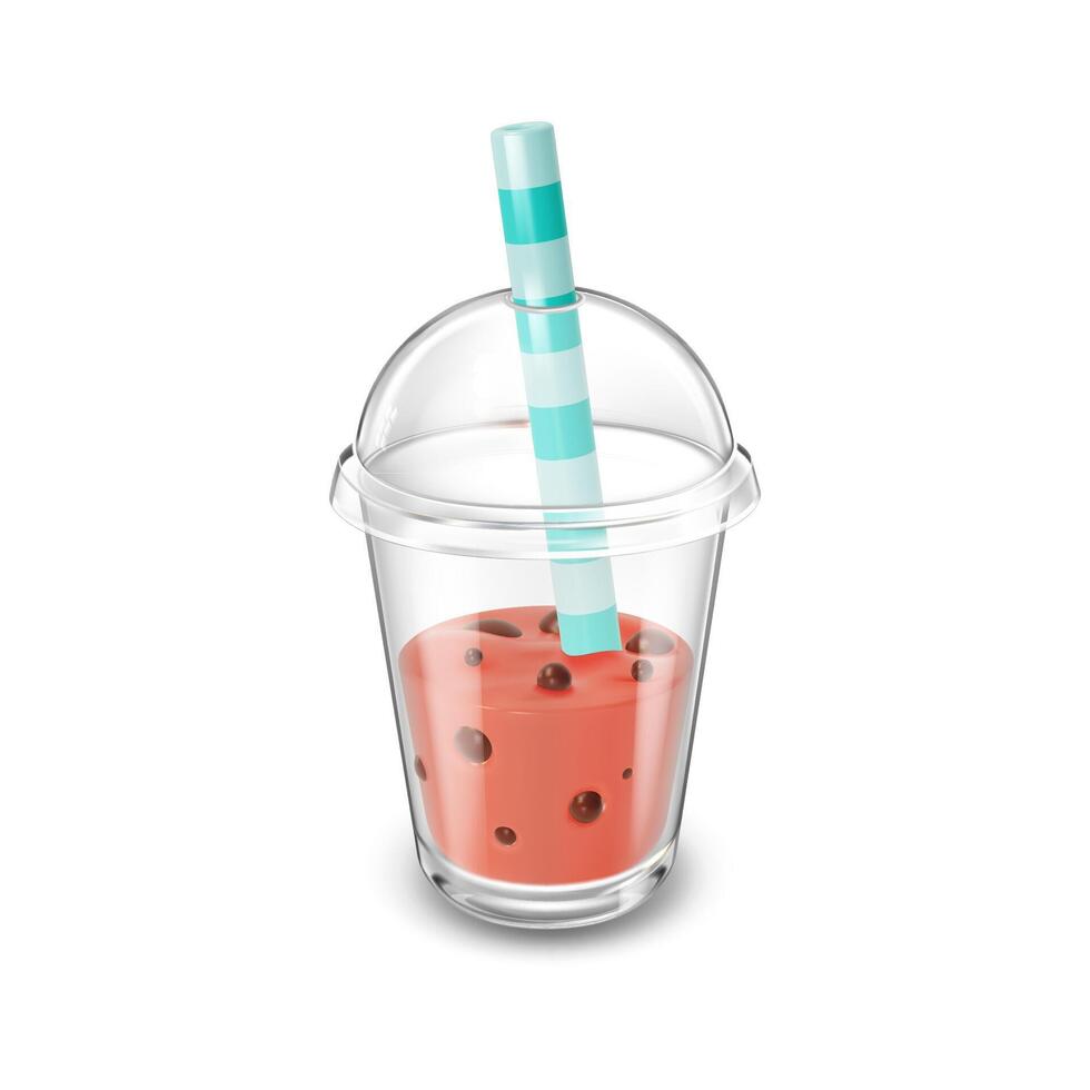 3d Bubble Tea in Takeaway Plastic Cup with Cap and Straw Cartoon Style. Vector