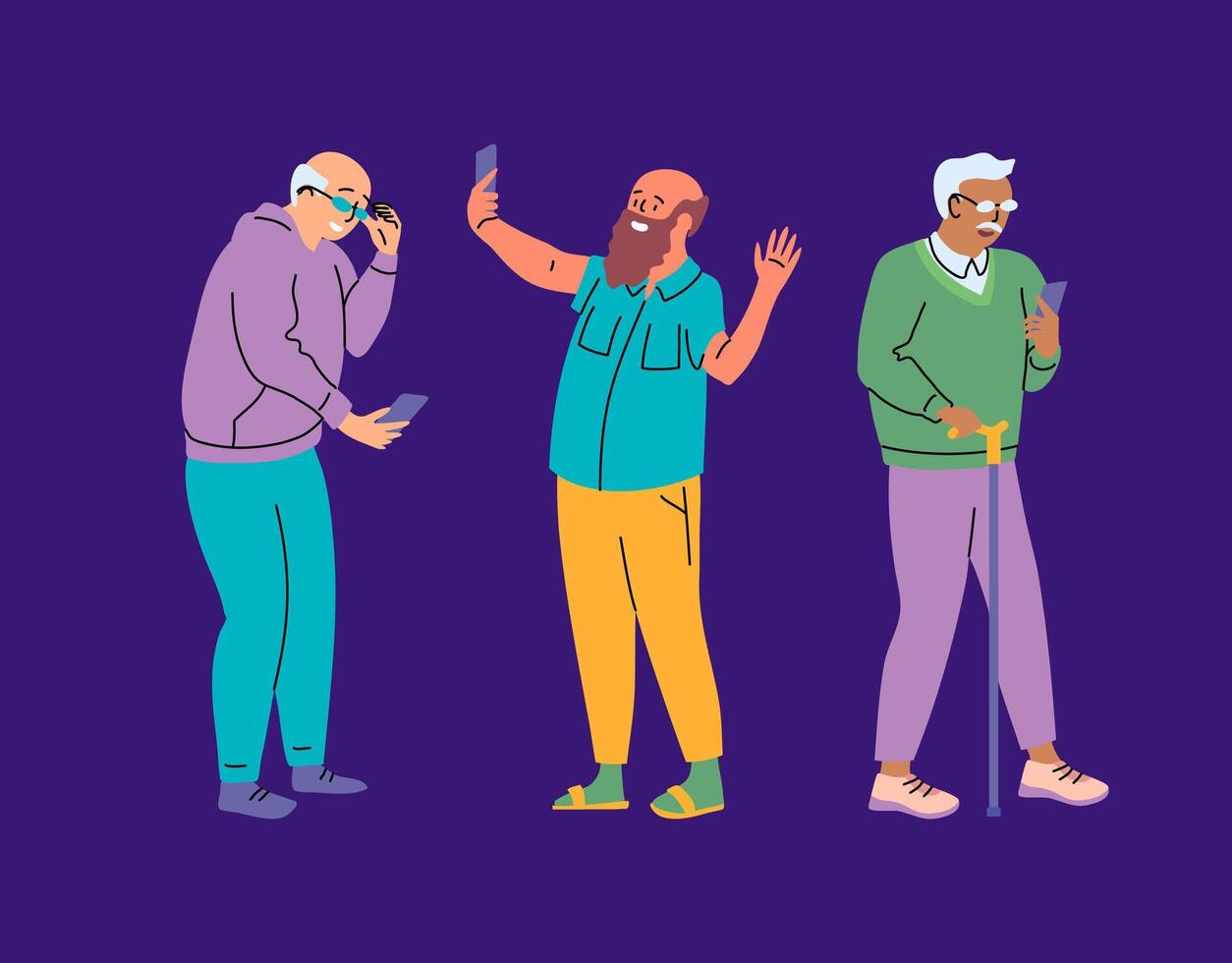 dibujos animados color caracteres personas mayor utilizando teléfonos inteligentes concepto. vector