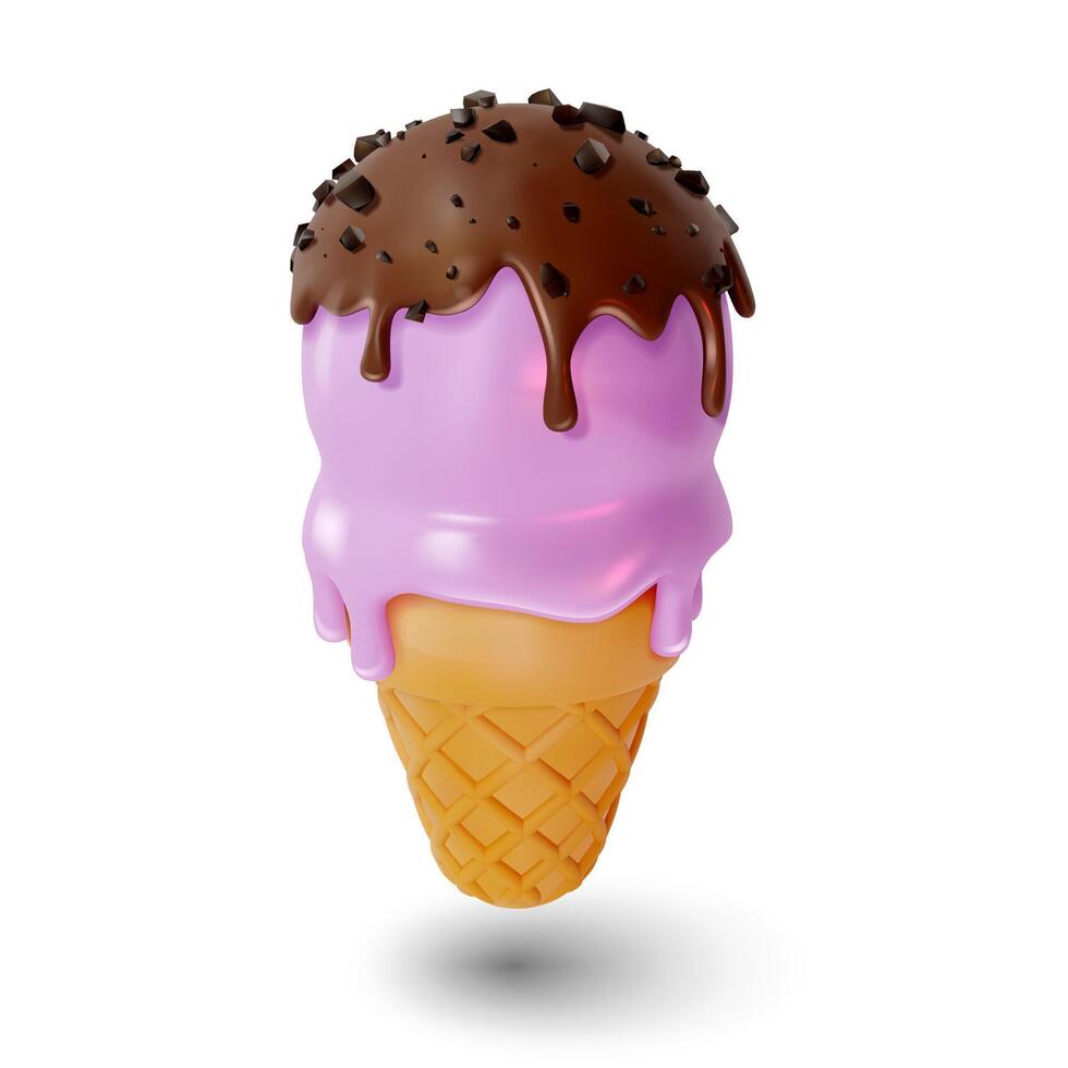 3d Waffle Cone with Scoops of Ice Cream Sweet Dessert Food Cartoon Style. Vector