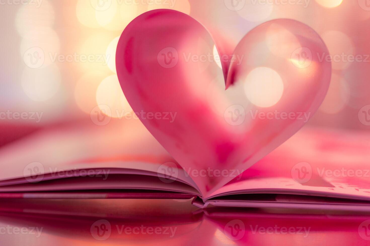 Closeup love Valenstines day design. Perfect heart shape book pages romantic. Vintage style copy space text lights reflections. Beautiful February Valentine day artistic background. Couple anniversary photo