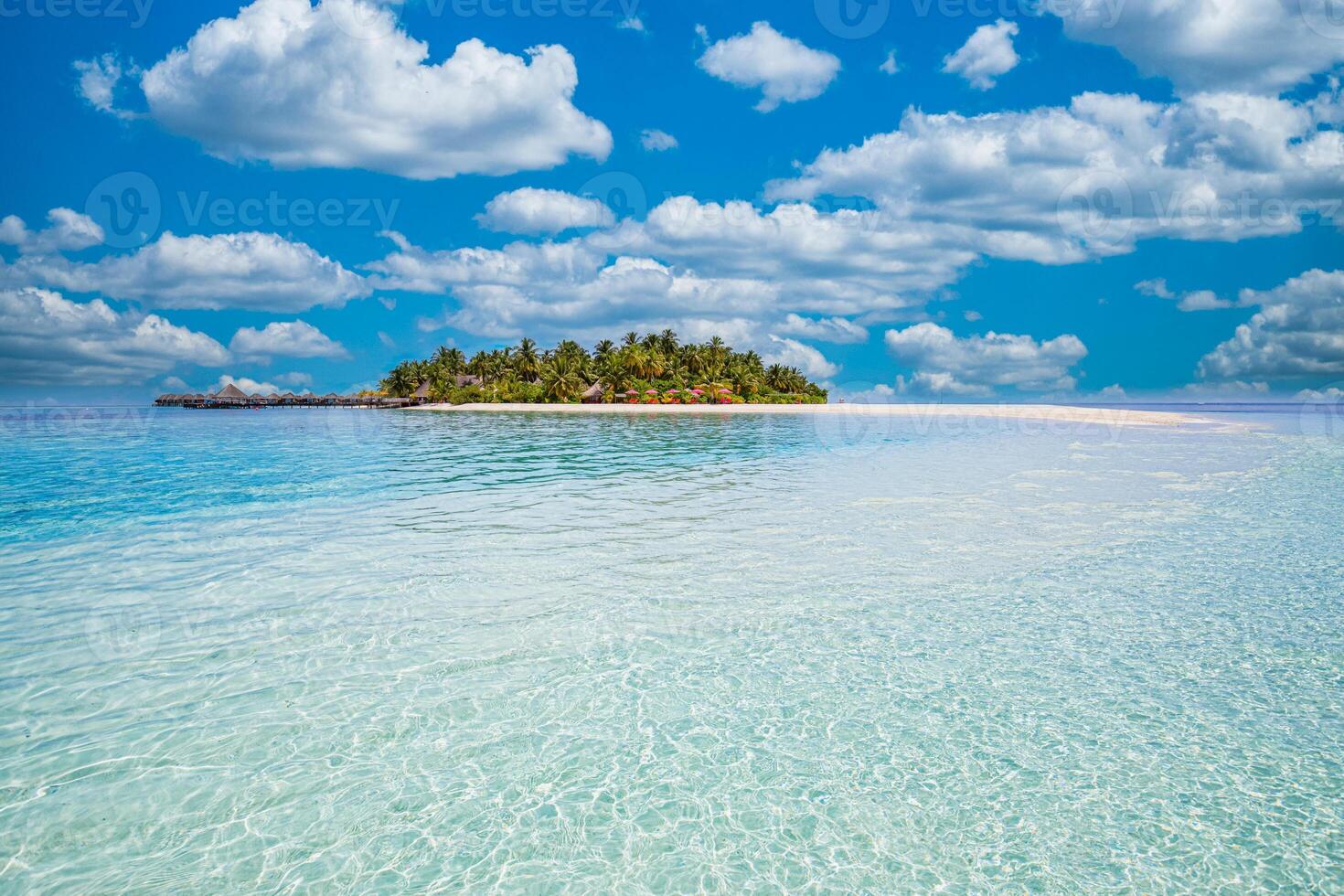 Small paradise tropical island with idyllic lagoon a Classic Honeymoon Travel Destination of Indian ocean. photo