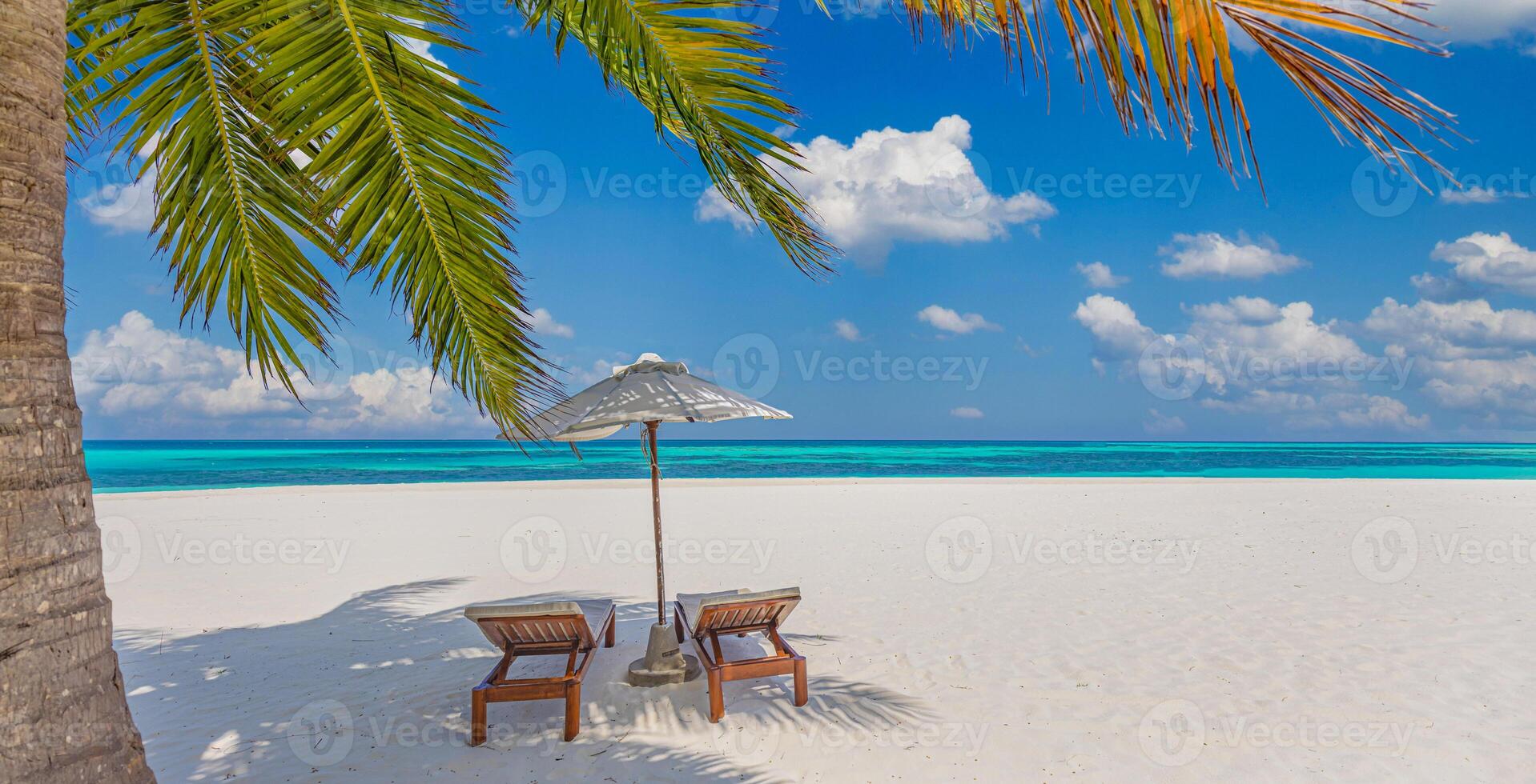 Beautiful tropical beach banner. White sand coco palms travel tourism wide panorama. Summer sea horizon, idyllic island nature scene. Amazing beach landscape. Luxury island resort vacation or holiday photo