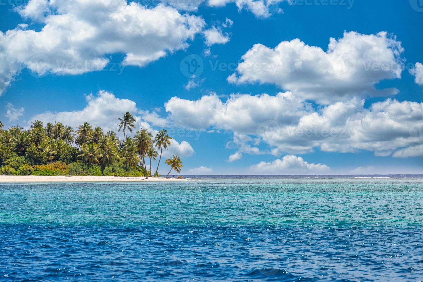 Paradise island beach. Tropical landscape of summer scenery, sea sand sky palm trees. Luxury travel vacation destination. Exotic beach landscape. Amazing nature, relax, freedom nature concept Maldives photo