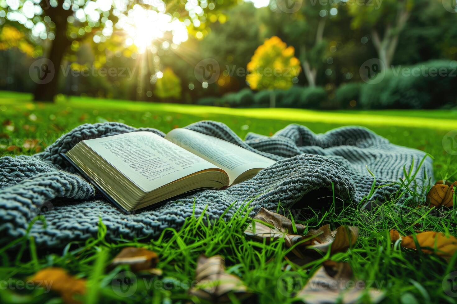 AI generated A blanket and a book under a tree in a sunny spring park professional photography photo