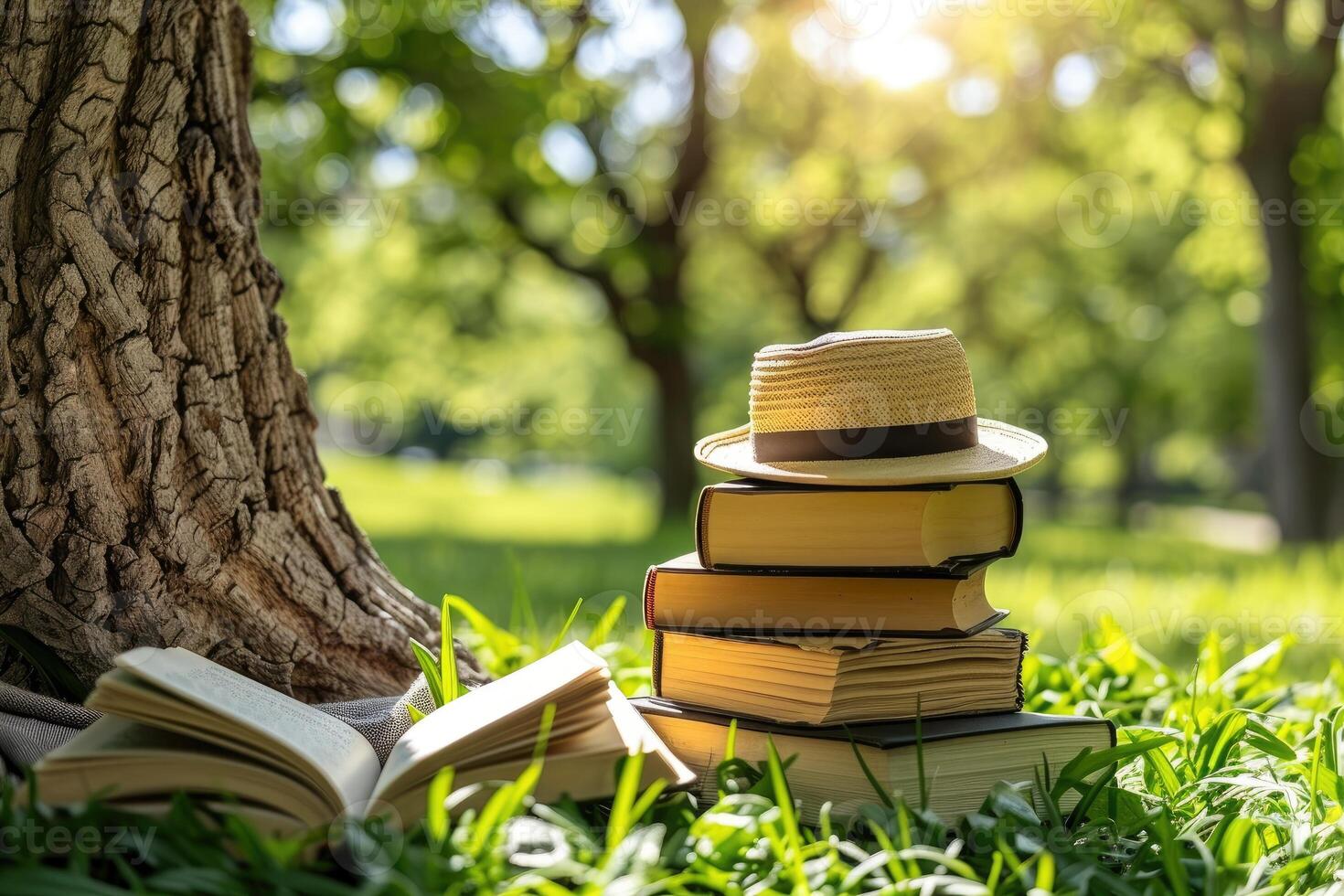 AI generated A blanket and a book under a tree in a sunny spring park professional photography photo