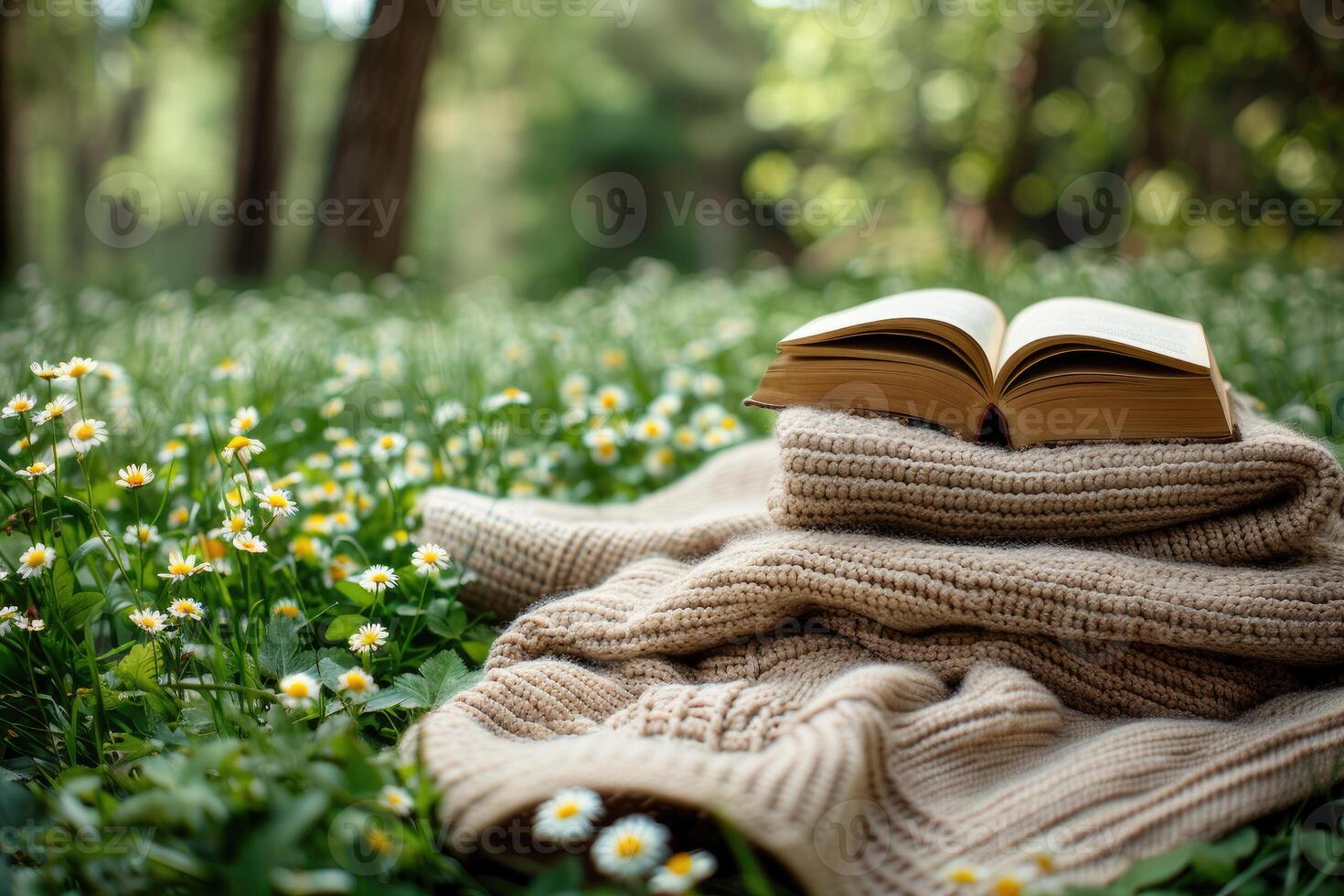 AI generated A blanket and a book under a tree in a sunny spring park professional photography photo