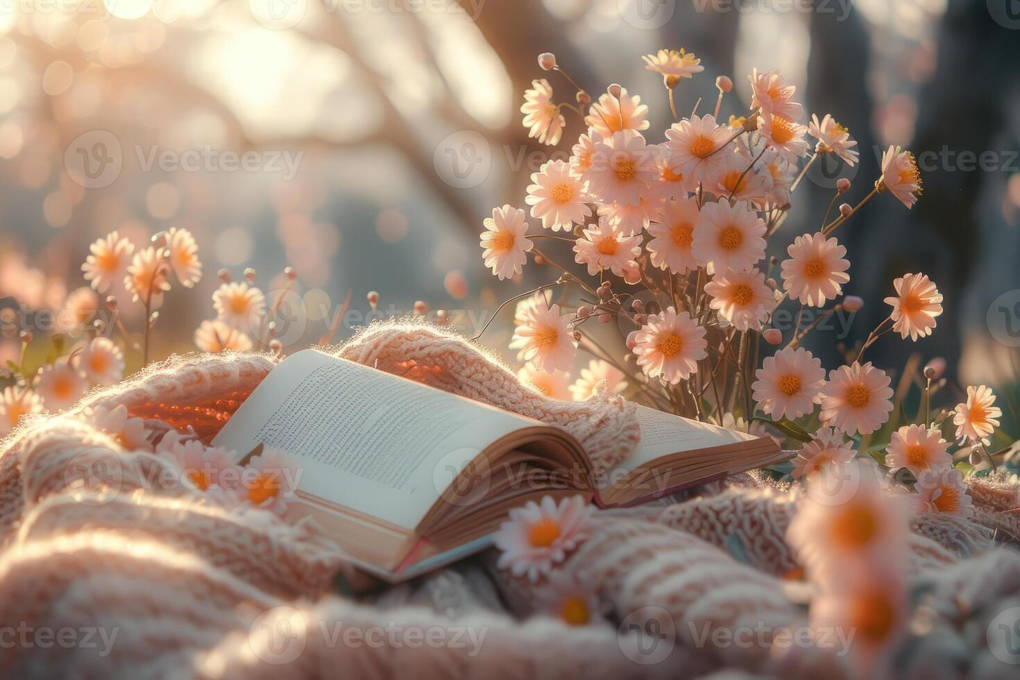 AI generated A blanket and a book under a tree in a sunny spring park professional photography photo