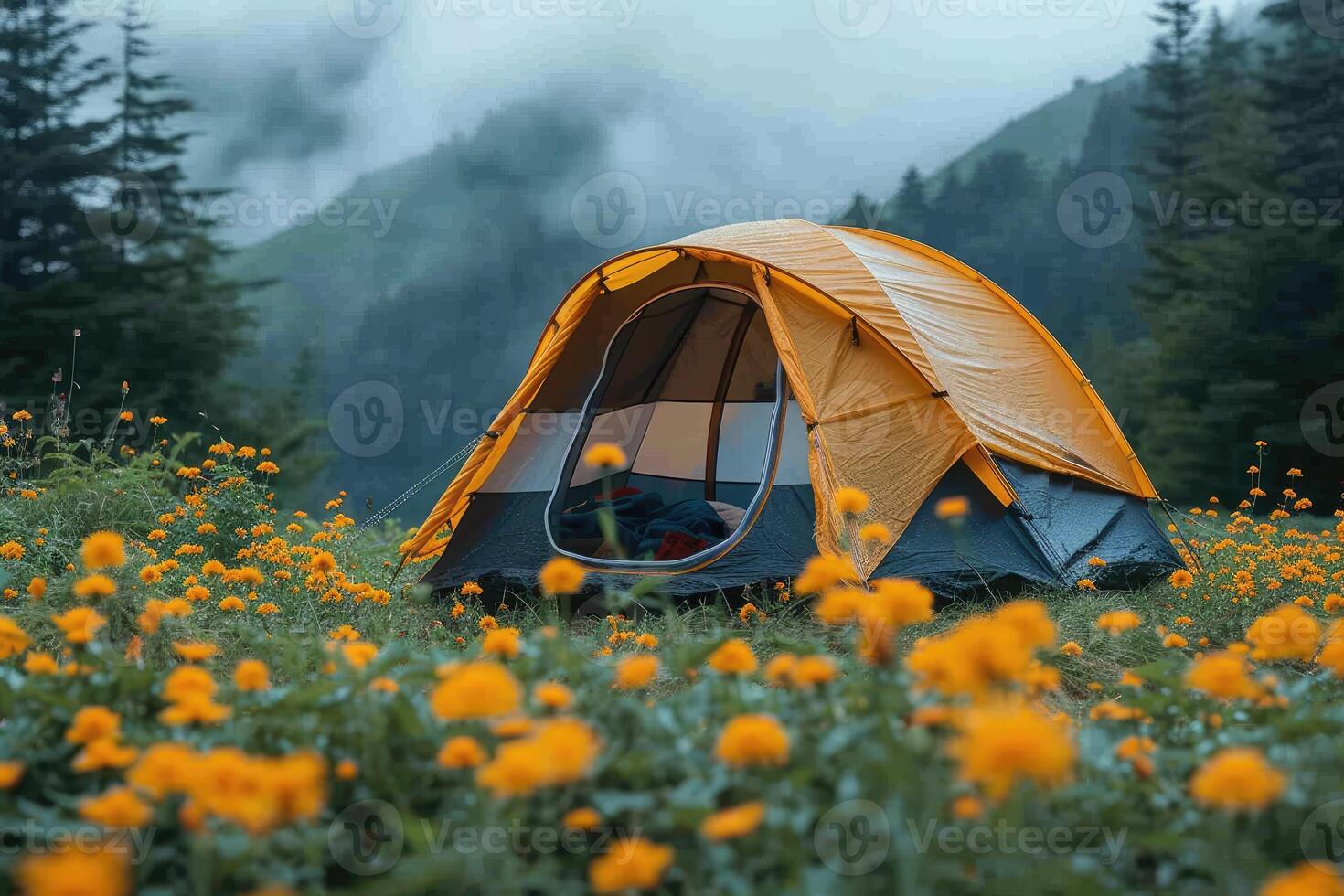 AI generated Camping freedom in the nature and having fun with spring wild flowers view photo