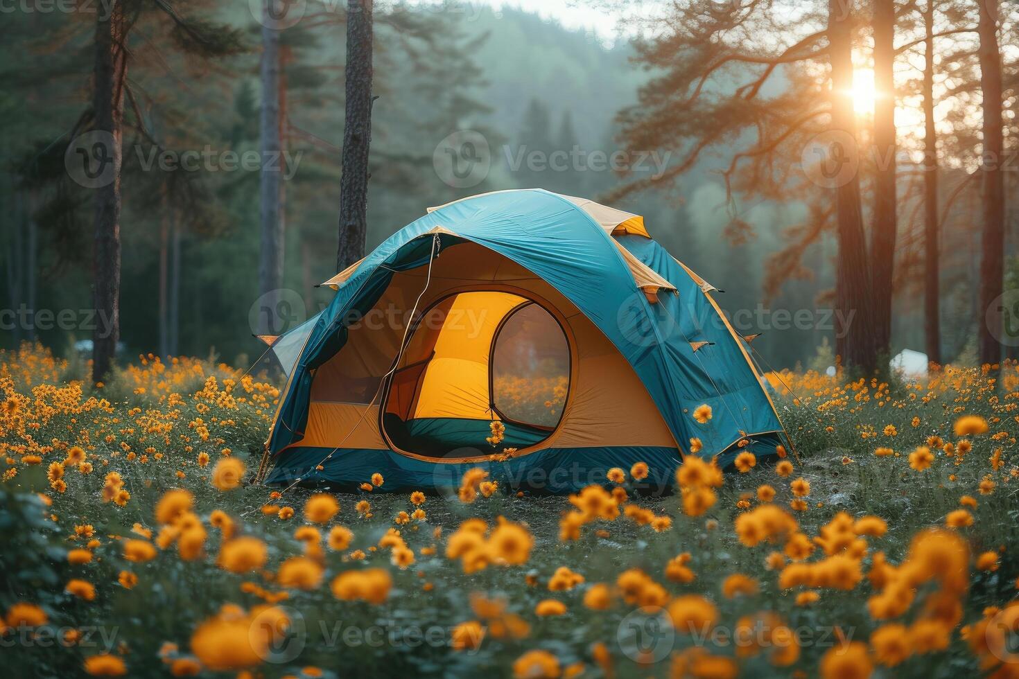 AI generated Camping freedom in the nature and having fun with spring wild flowers view photo