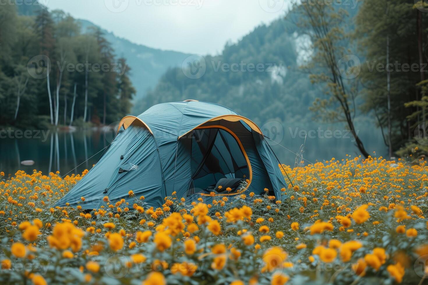 AI generated Camping freedom in the nature and having fun with spring wild flowers view photo