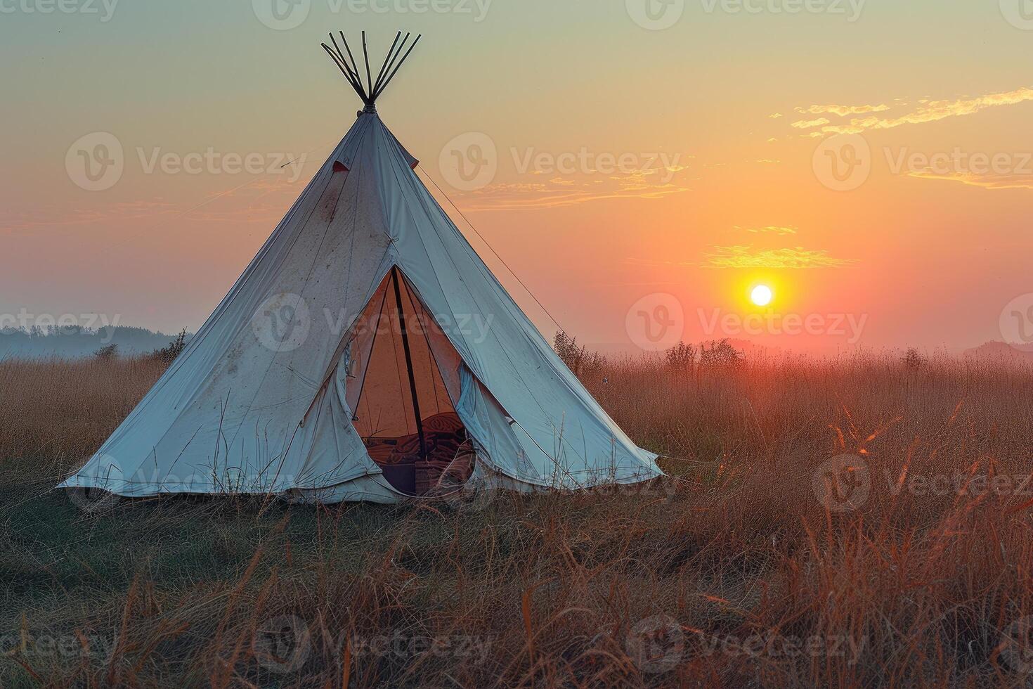 AI generated Camping freedom in the nature and having fun with spring wild flowers view photo