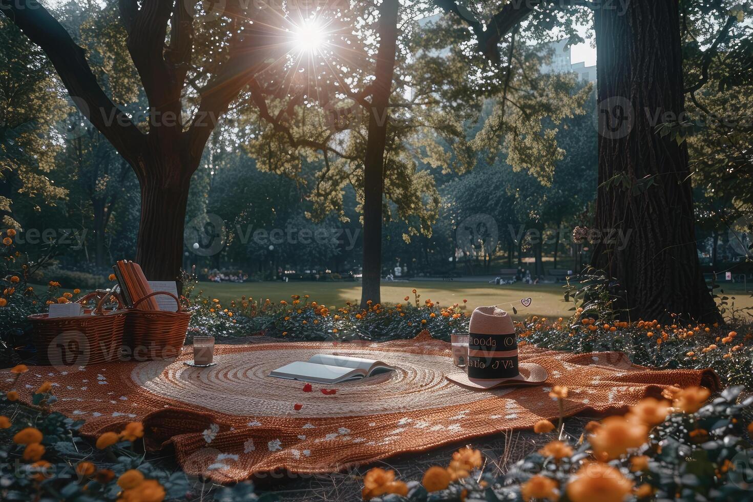 AI generated A blanket and a book under a tree in a sunny spring park professional photography photo