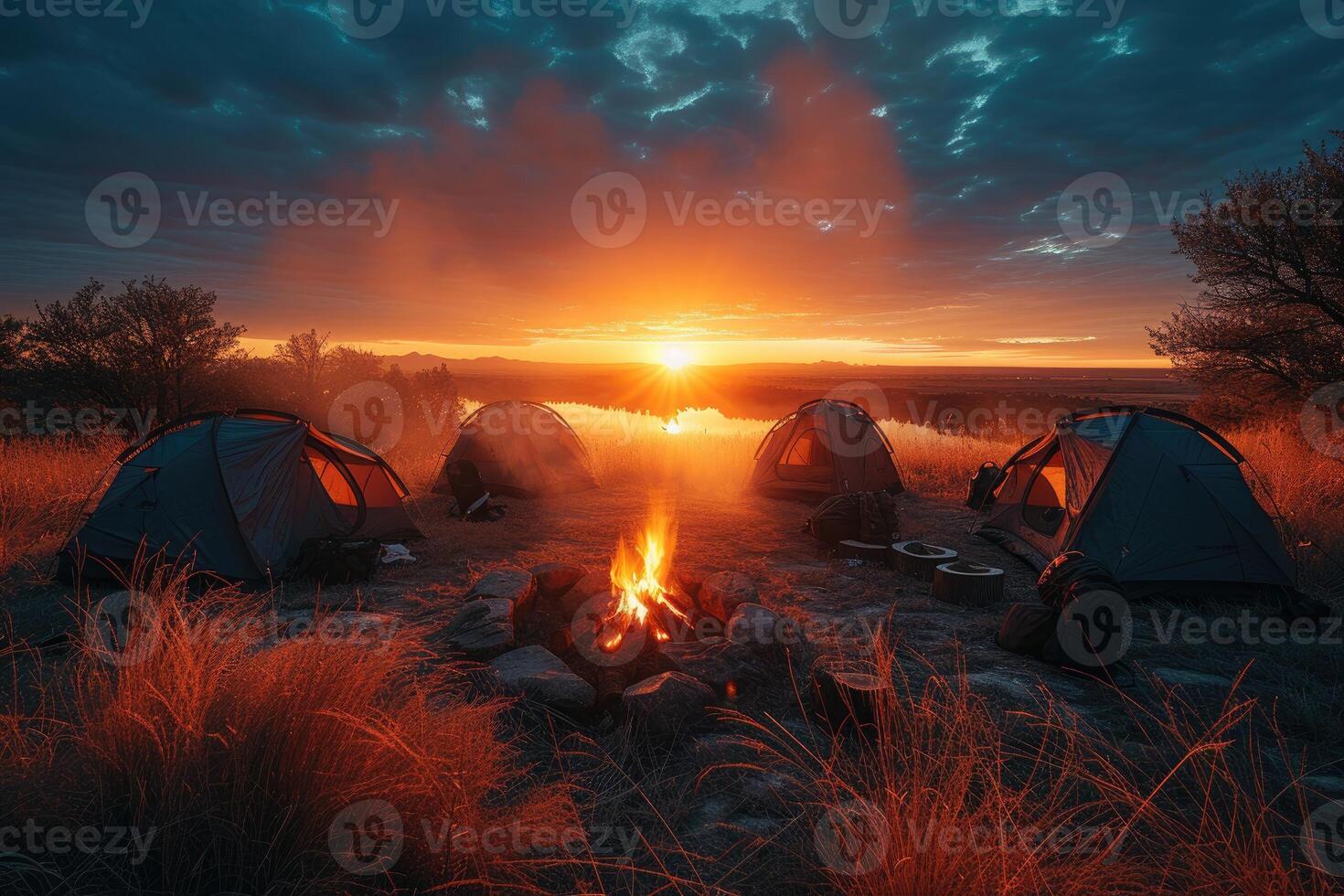 AI generated Camping freedom in the nature and having fun with spring wild flowers view photo