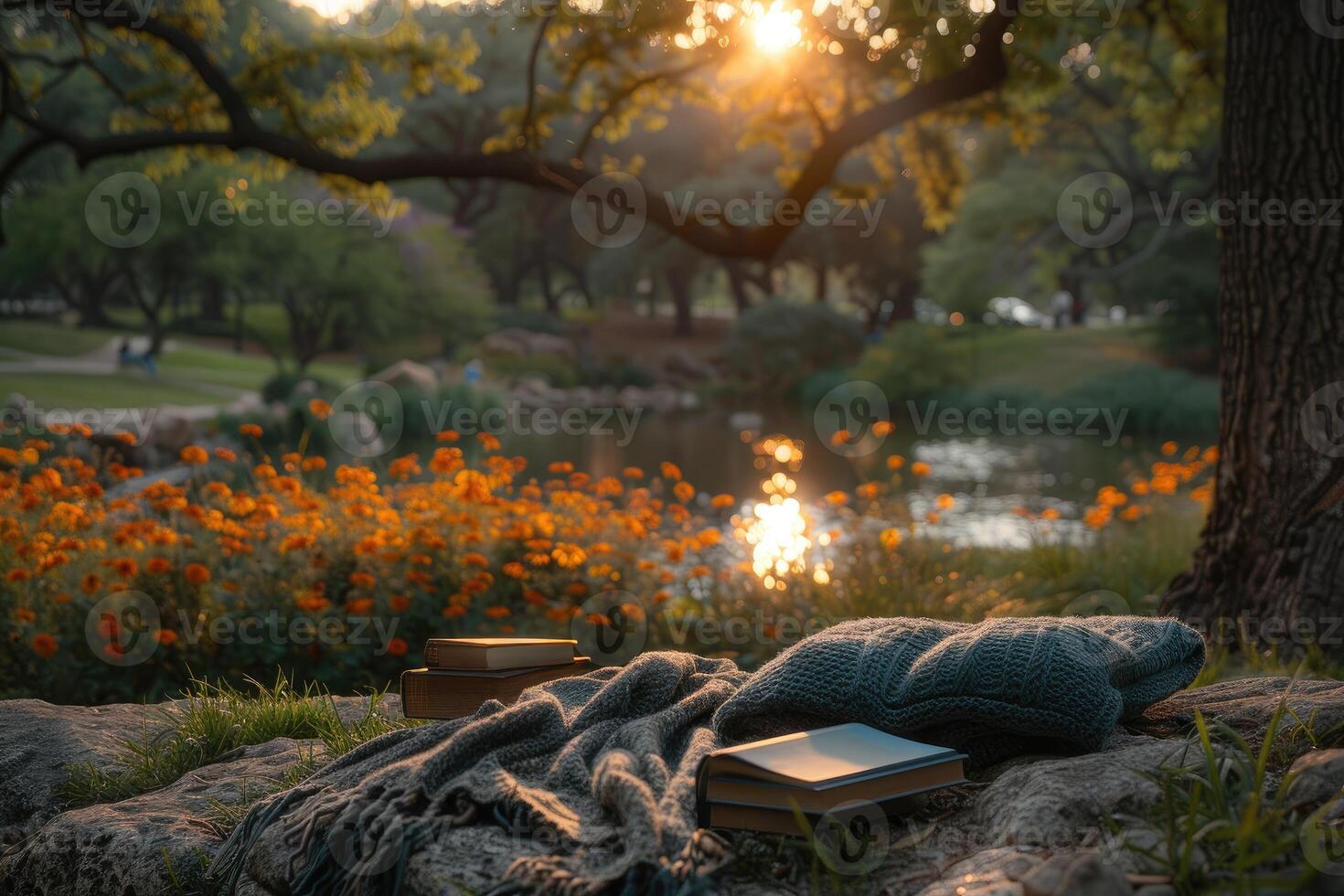 AI generated A blanket and a book under a tree in a sunny spring park professional photography photo