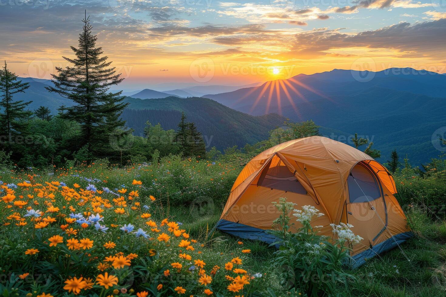 AI generated Camping freedom in the nature and having fun with spring wild flowers view photo
