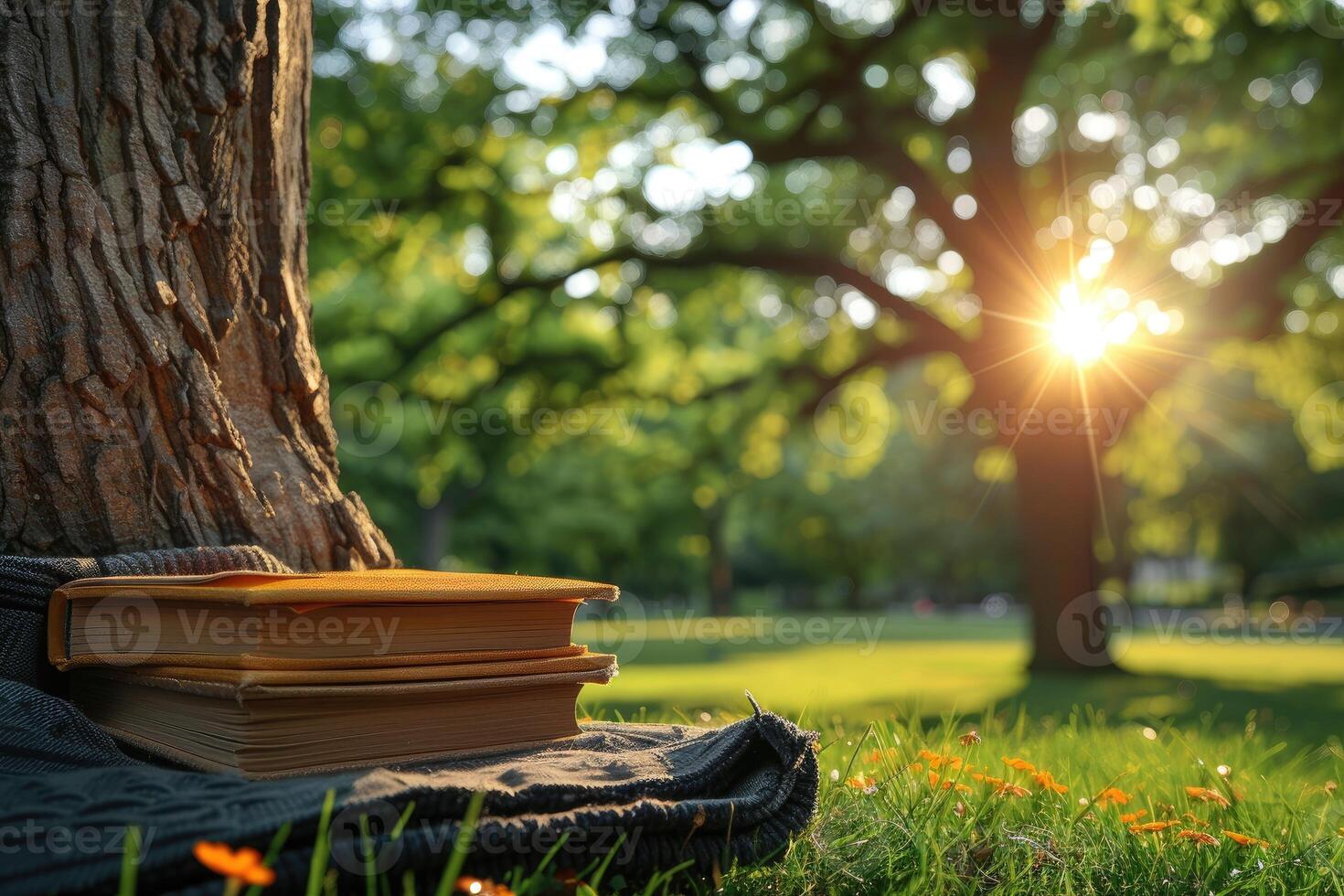 AI generated A blanket and a book under a tree in a sunny spring park professional photography photo