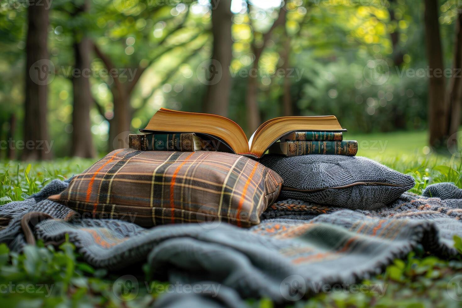 AI generated A blanket and a book under a tree in a sunny spring park professional photography photo