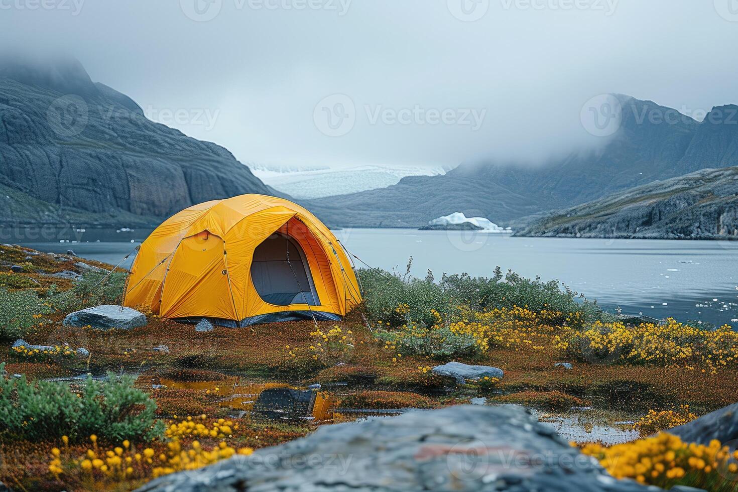 AI generated Camping freedom in the nature and having fun with spring wild flowers view photo