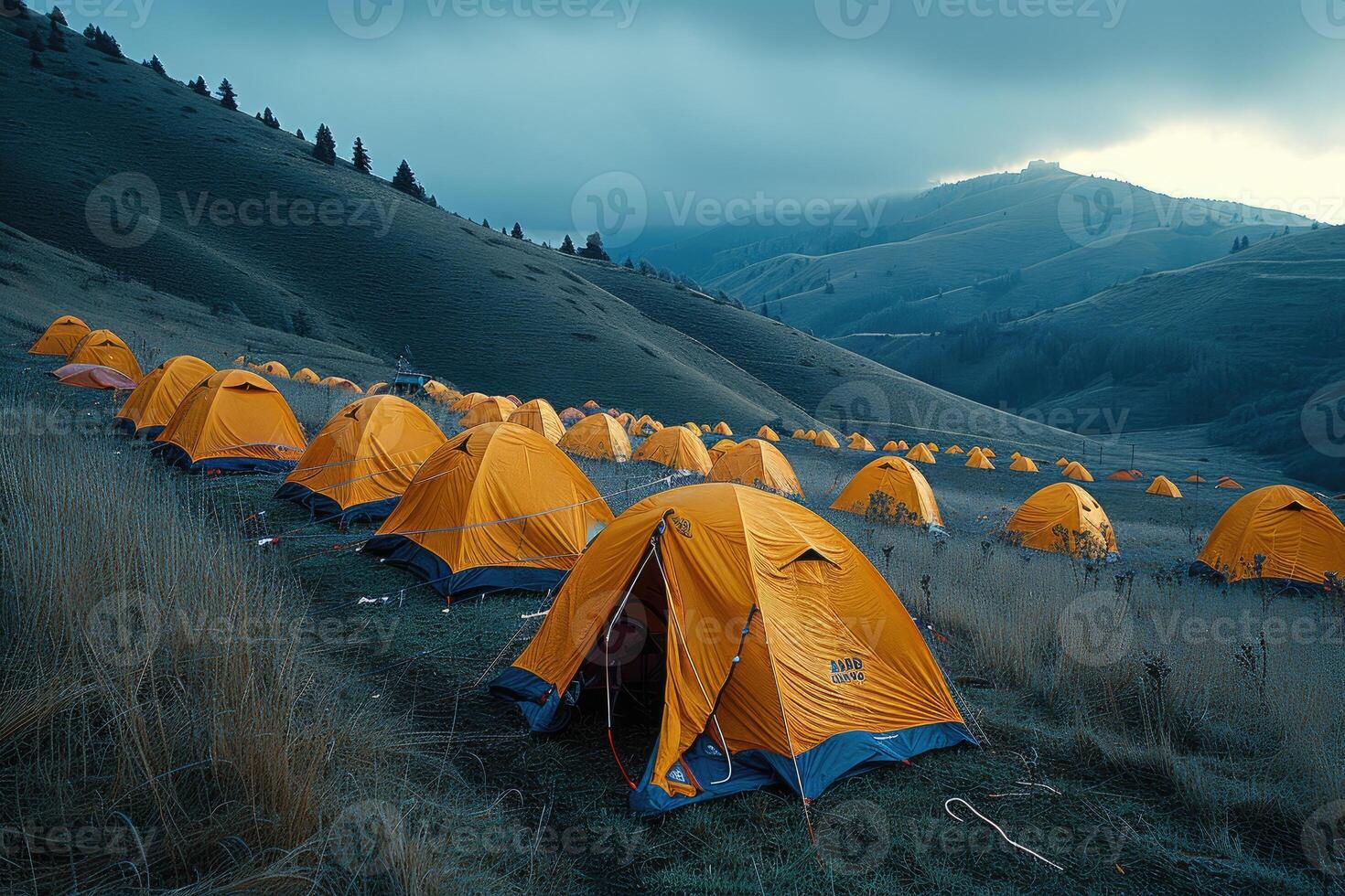 AI generated Camping freedom in the nature and having fun with spring wild flowers view photo