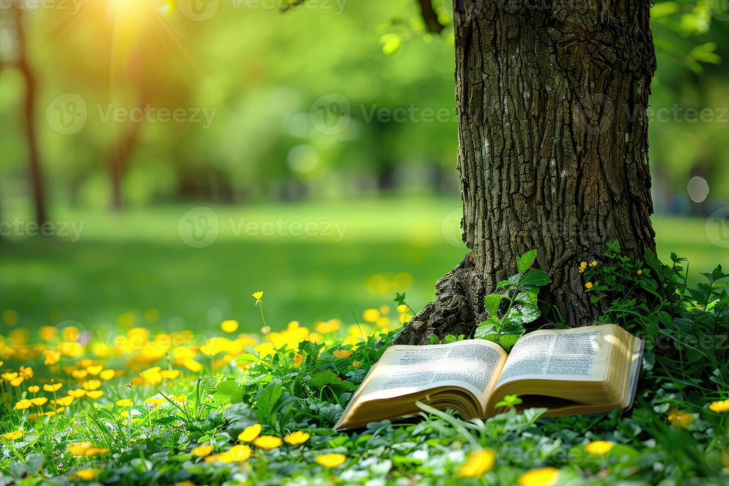 AI generated A blanket and a book under a tree in a sunny spring park professional photography photo